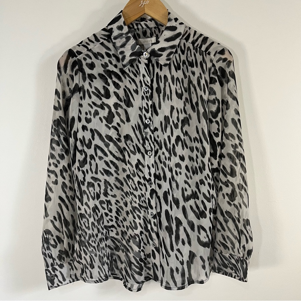 Chico’s Winter Wild Wanda L/S Sheer Blouse Black Leopard Print S